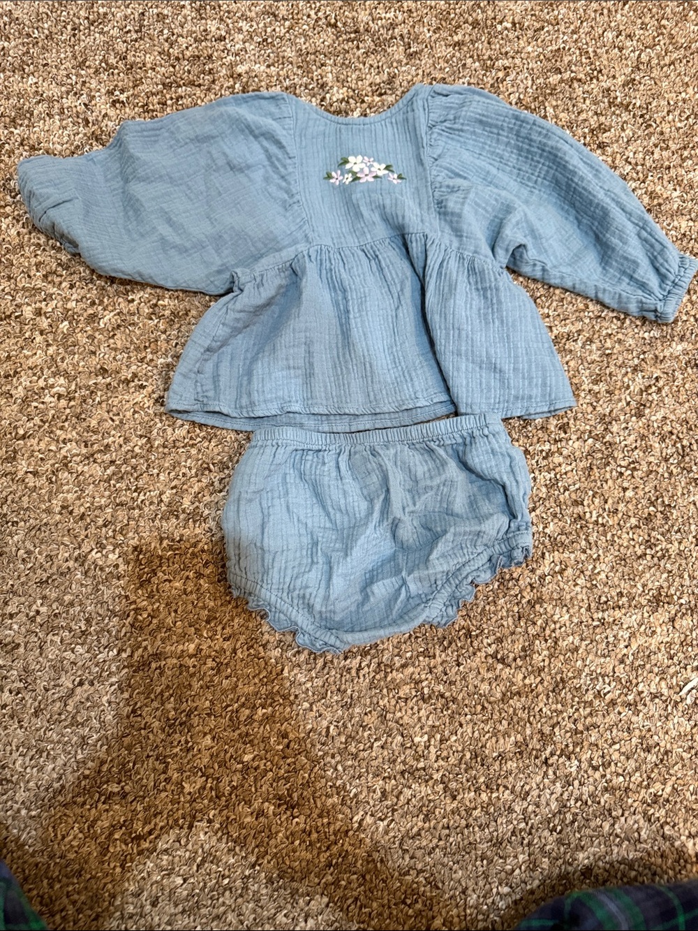cloud island Light Blue Gauze Top & Diaper Cover Set with Floral Embroidery